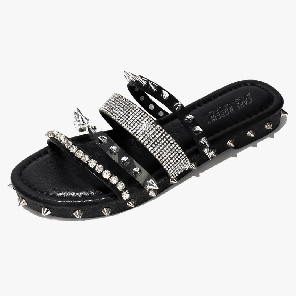 Cape Robbin Black and Silver Glam Slide Sandals